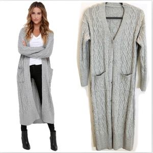 Gray long cable thick and cozy knit cardigan warm